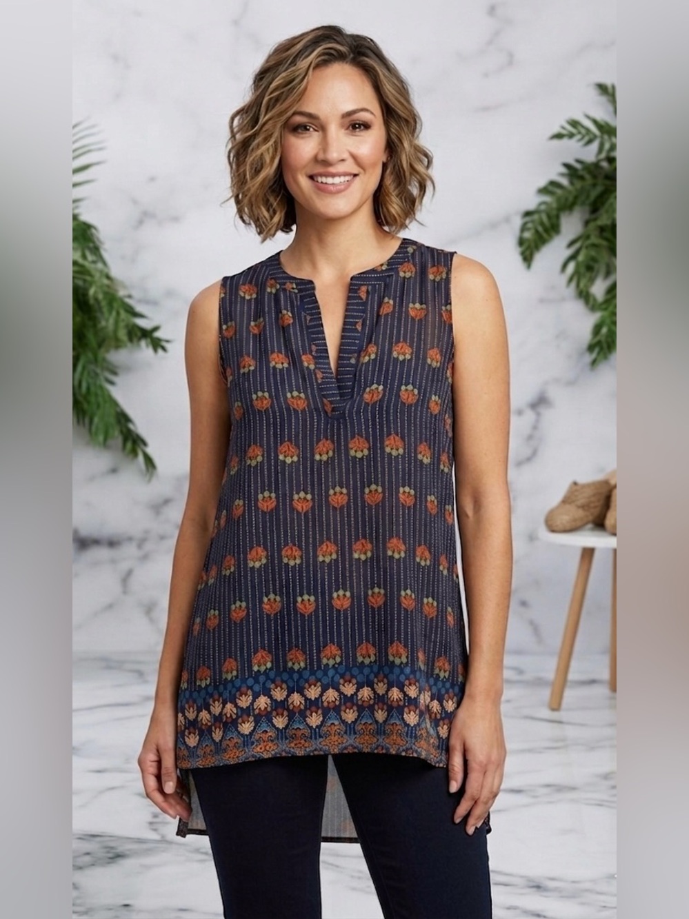 14th & Union Navy Boho Sleeveless Blouse L – Sheer High-Low Geometric Print